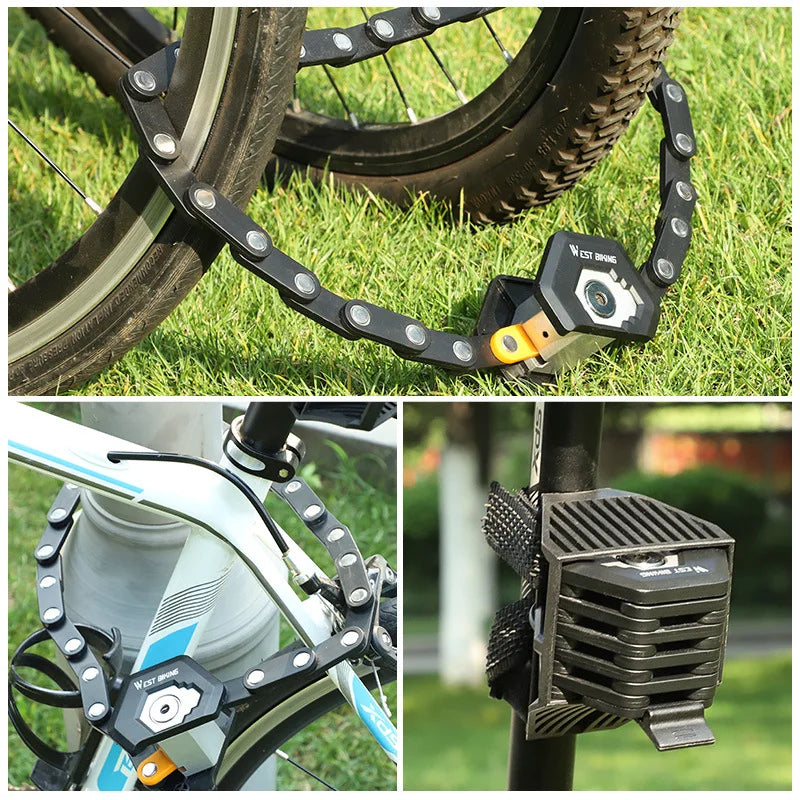 Black hexagonal folding bike lock with a key inserted and another key attached. The lock is labeled "WEST BIKING." This anti-theft heavy-duty, foldable Bike Bicycle Lock Foldable Hamburg-Lock With 3 Keys Bike Chain Lock Alloy Anti-Theft Bicycle Folding Lock Mount Bracket offers superior motorcycle safety, ensuring your ride is secure.