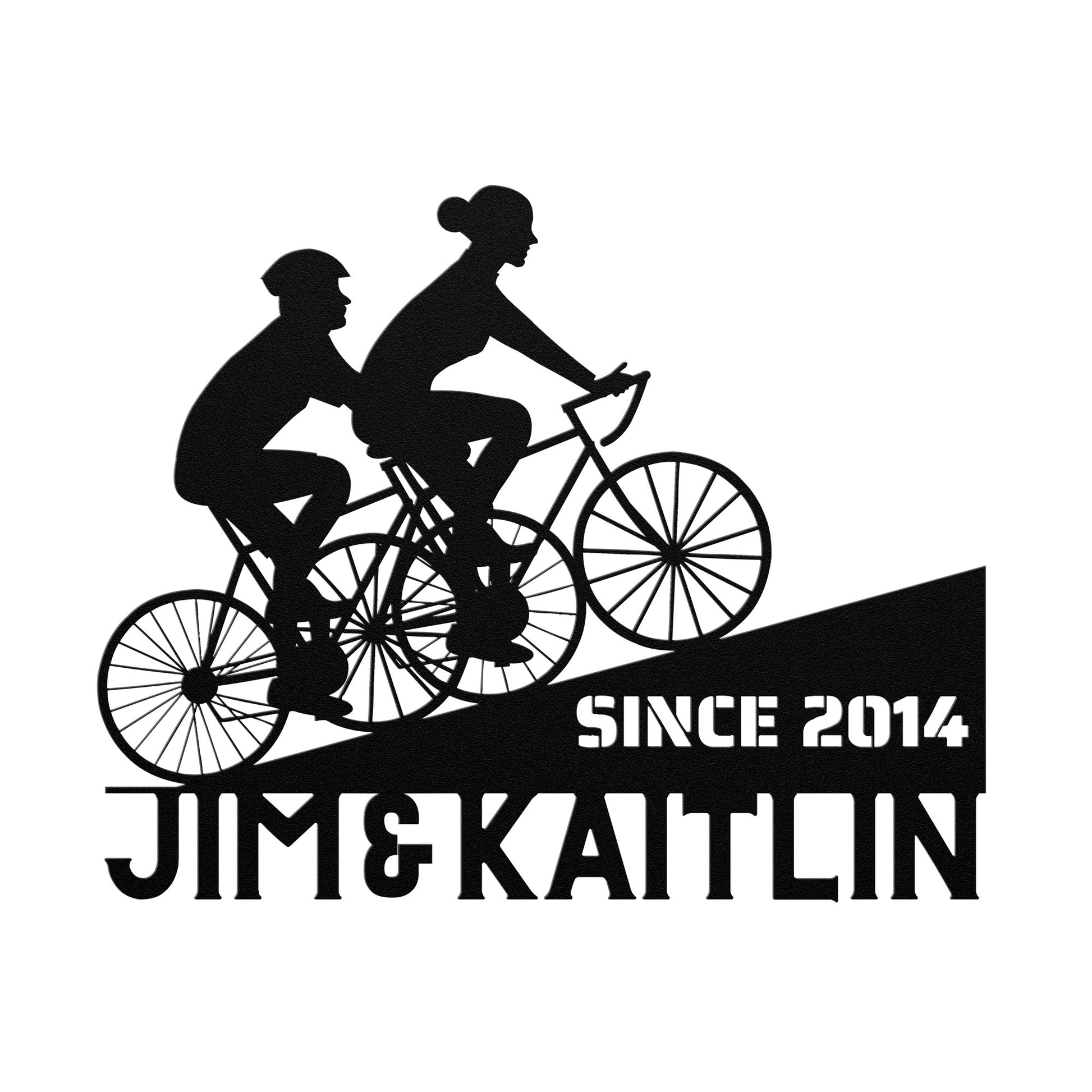 teelaunch's Personalized Couple Cycling Uphill Metal Wall Art Sign, 18 gauge steel logo sign, powder coated.