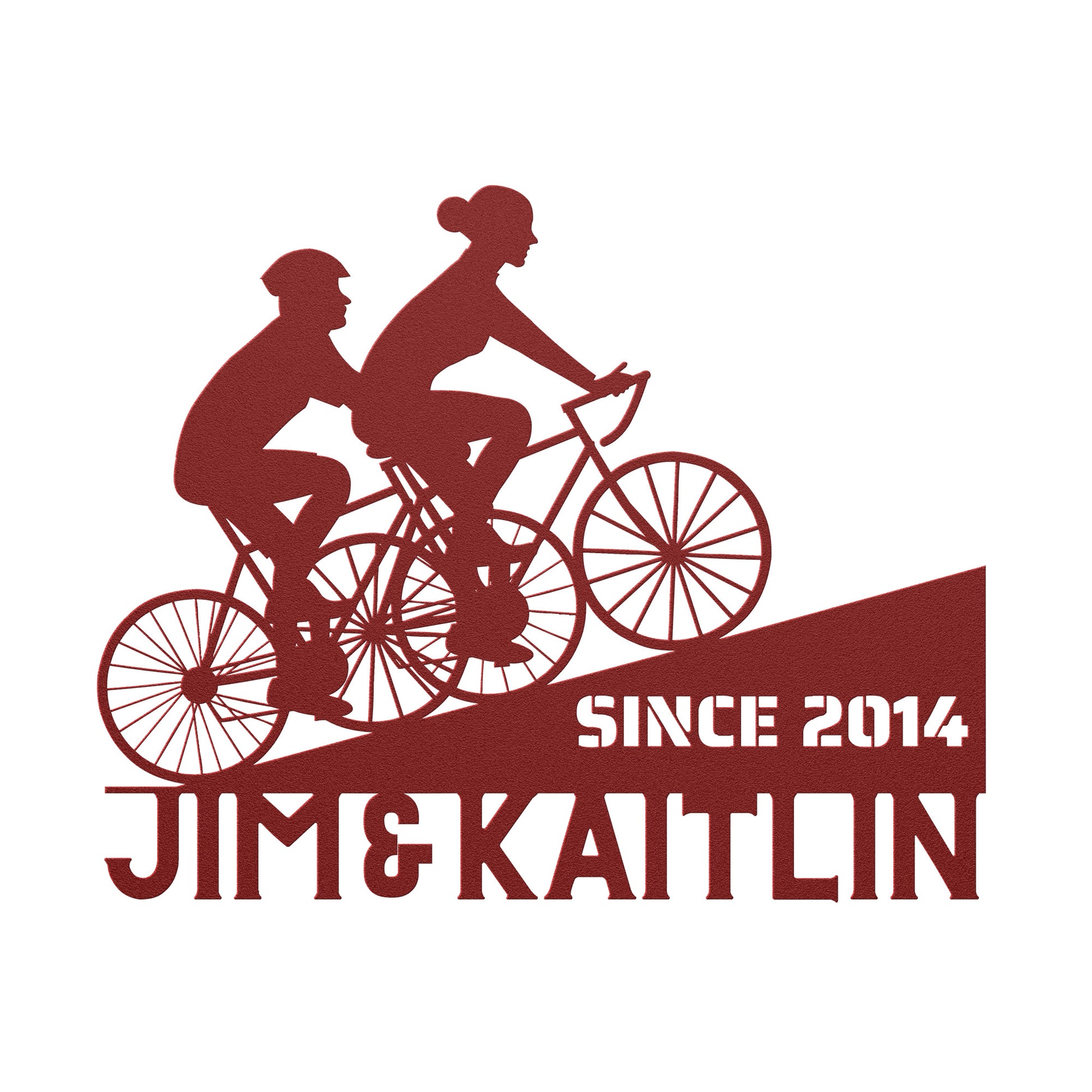 A Personalized Couple Cycling Uphill Metal Wall Art Sign made from 18 gauge steel for Jim and Katie by teelaunch.