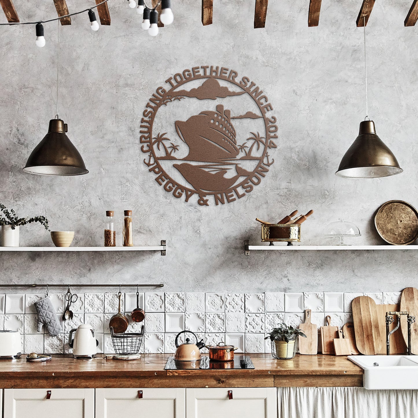 A rustic kitchen with wooden details boasts a stylish piece of decor—a sleek metal sign crafted from durable 18-gauge steel. This personalized Cruise Couples Metal Wall Art reads "CRUISING TOGETHER SINCE 2014 PEGGY & NELSON," showcasing a cruise ship and palm trees to enhance the charm of your home decor.
