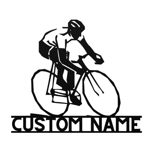 A bicycle rider riding a teelaunch Custom Name Bike, made of 18 gauge steel, perfect for home decor.