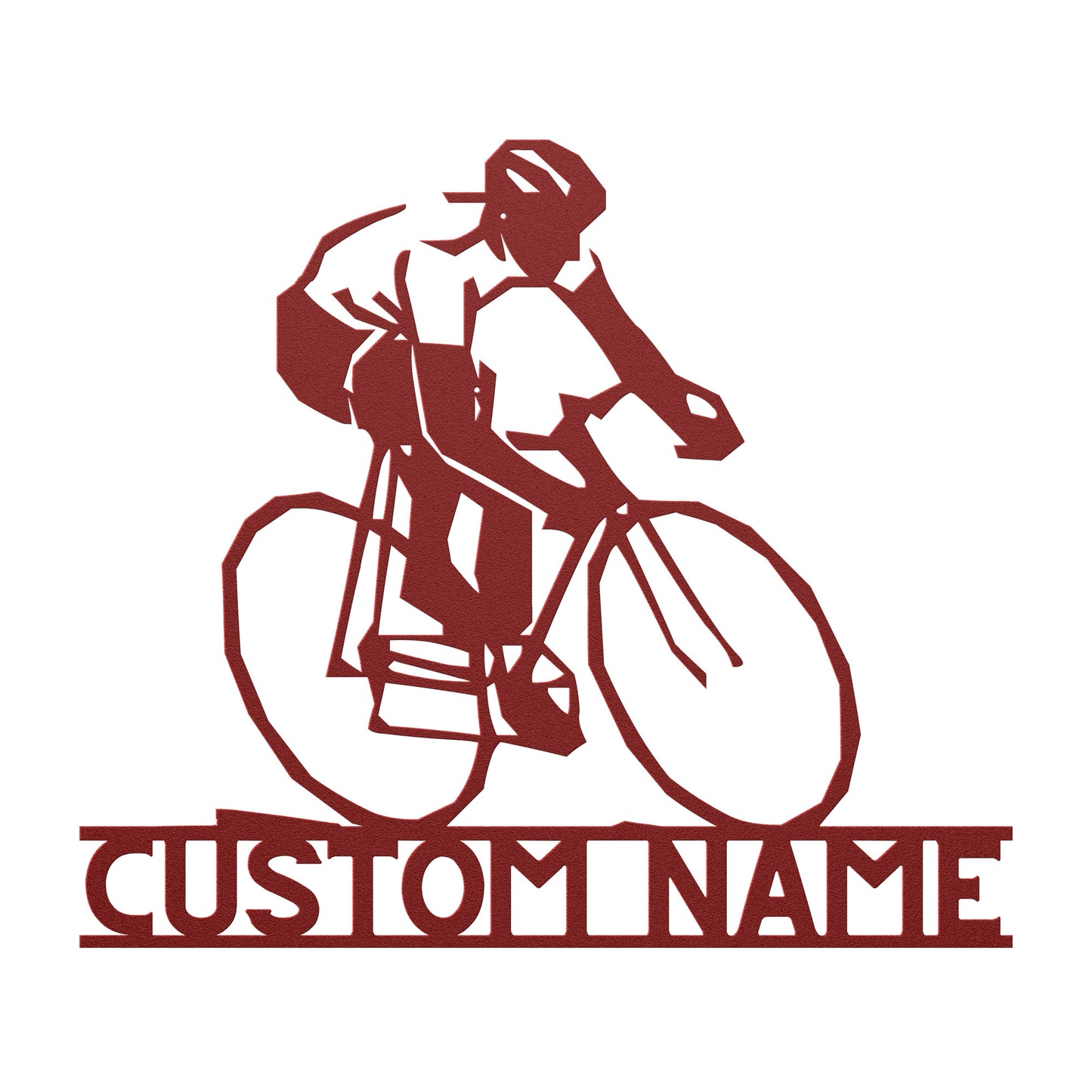 A bicycle rider riding a teelaunch Personalized Gift For Cyclist - Cycling Metal Wall Art Sign made of powder coated 18 gauge steel with metal signs.