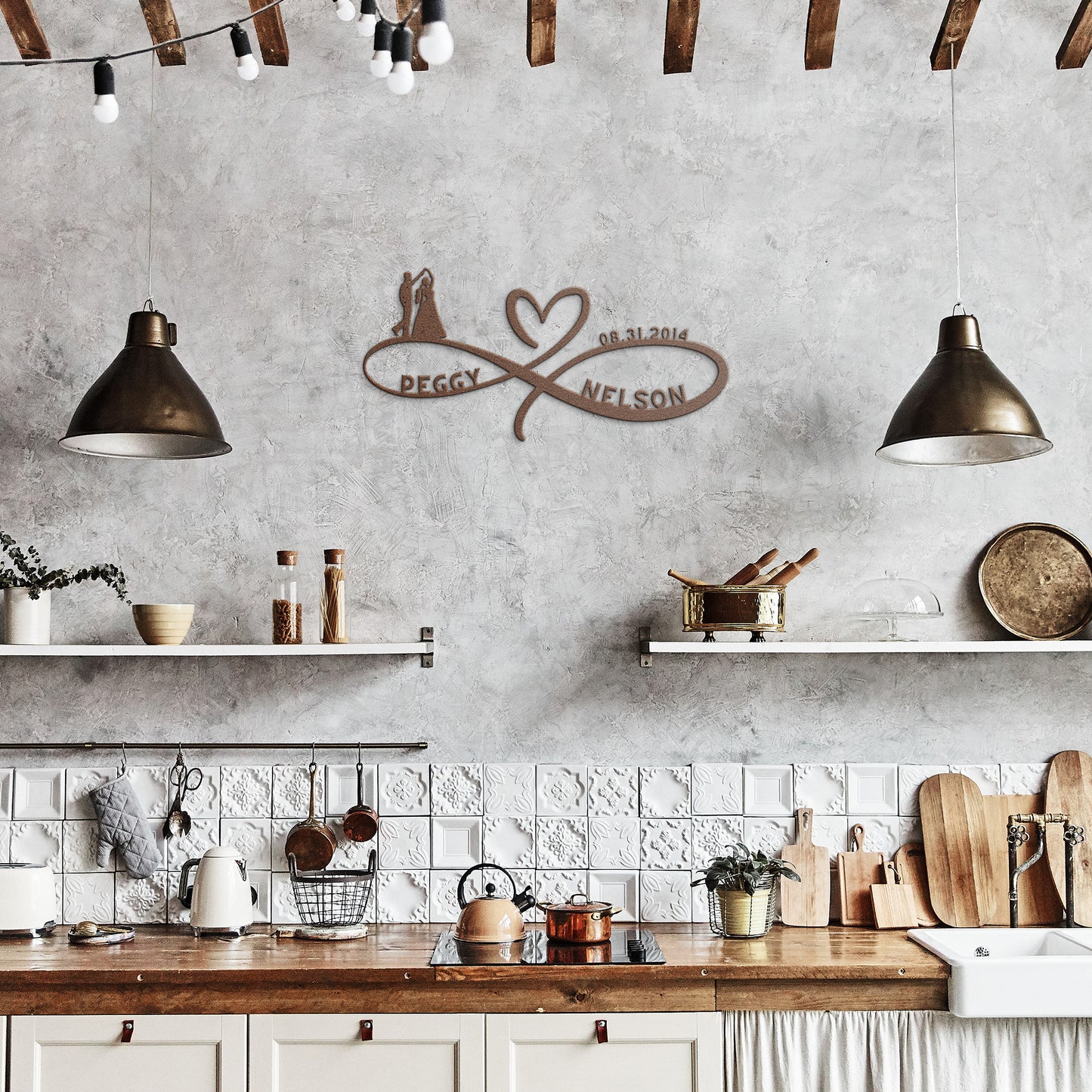 A wooden door with a decorative glass panel is set in a brick wall. A Personalized Infinity Love Heart Metal Sign For Wedding Couples reading “Peggy ♡ Nelson” and a lantern are mounted on the wall. A potted plant with white flowers sits near the door, adding a charming touch to the home decor.
