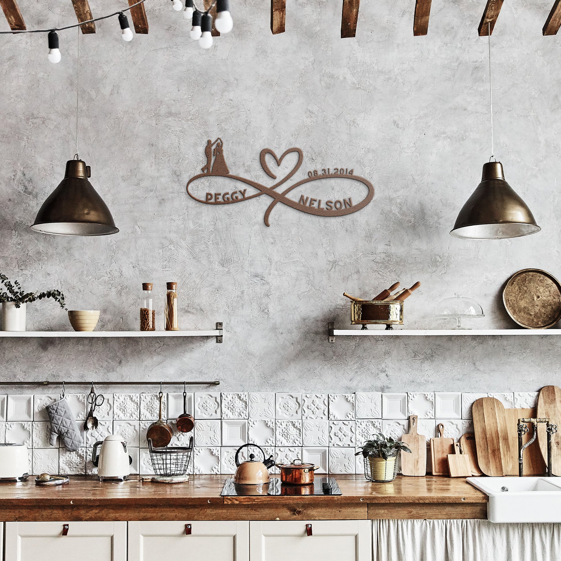 A wooden door with a decorative glass panel is set in a brick wall. A Personalized Infinity Love Heart Metal Sign For Wedding Couples reading “Peggy ♡ Nelson” and a lantern are mounted on the wall. A potted plant with white flowers sits near the door, adding a charming touch to the home decor.