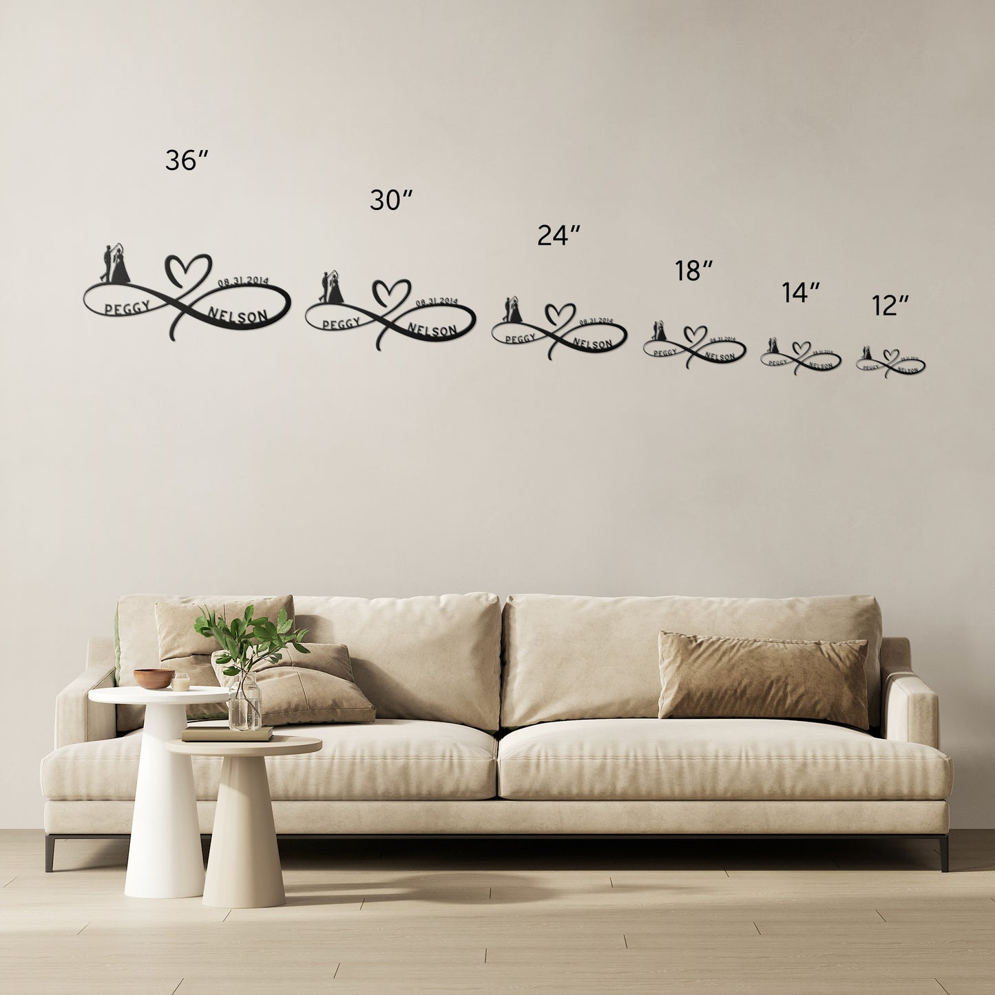 A wooden door with a decorative glass panel is set in a brick wall. A Personalized Infinity Love Heart Metal Sign For Wedding Couples reading “Peggy ♡ Nelson” and a lantern are mounted on the wall. A potted plant with white flowers sits near the door, adding a charming touch to the home decor.