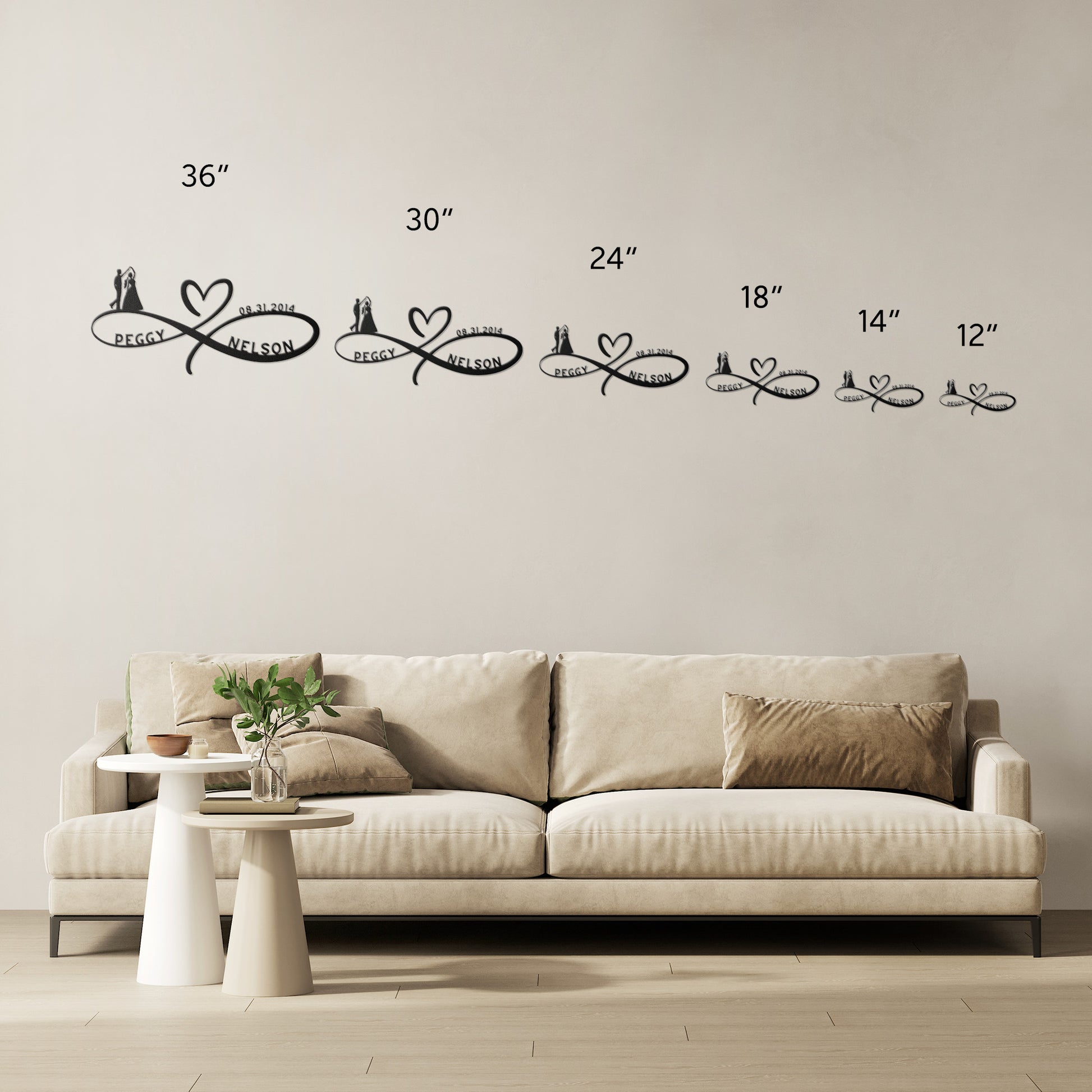 A wooden door with a decorative glass panel is set in a brick wall. A Personalized Infinity Love Heart Metal Sign For Wedding Couples reading “Peggy ♡ Nelson” and a lantern are mounted on the wall. A potted plant with white flowers sits near the door, adding a charming touch to the home decor.