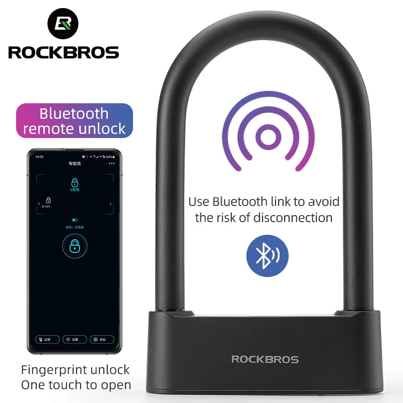 Image of a ROCKBROS Bicycle Lock Smart Fingerprint Bluetooth Lock Alloy Material USB Charging U-Shape Waterproof Durable Bike Accessories. The Smart Fingerprint Lock combines Bluetooth remote unlock and fingerprint unlock features, enhanced by a U-Shaped Double Lock Beam and risk of disconnection warning.