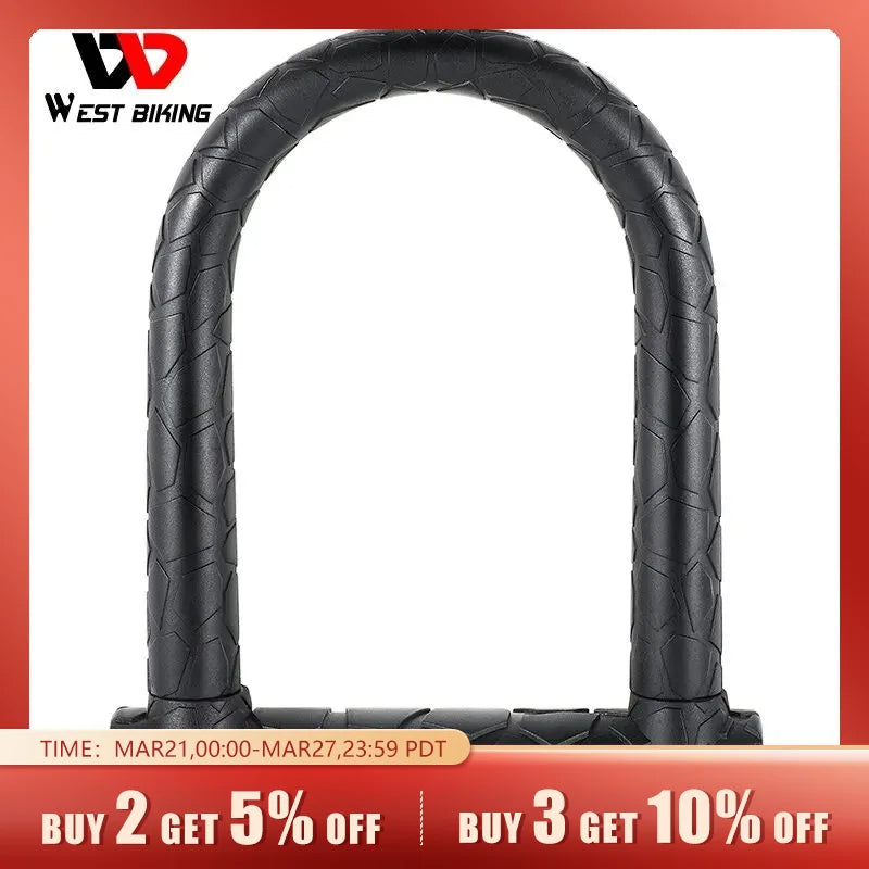 A black Bicycle U Lock 2 Keys Anti-theft Safety MTB Road Bike Padlock Motorcycle Scooter Bicycle Lock Cycling Accessories from West Biking is shown against a white and red background with promotional text displaying discount offers valid from March 21 to March 27.