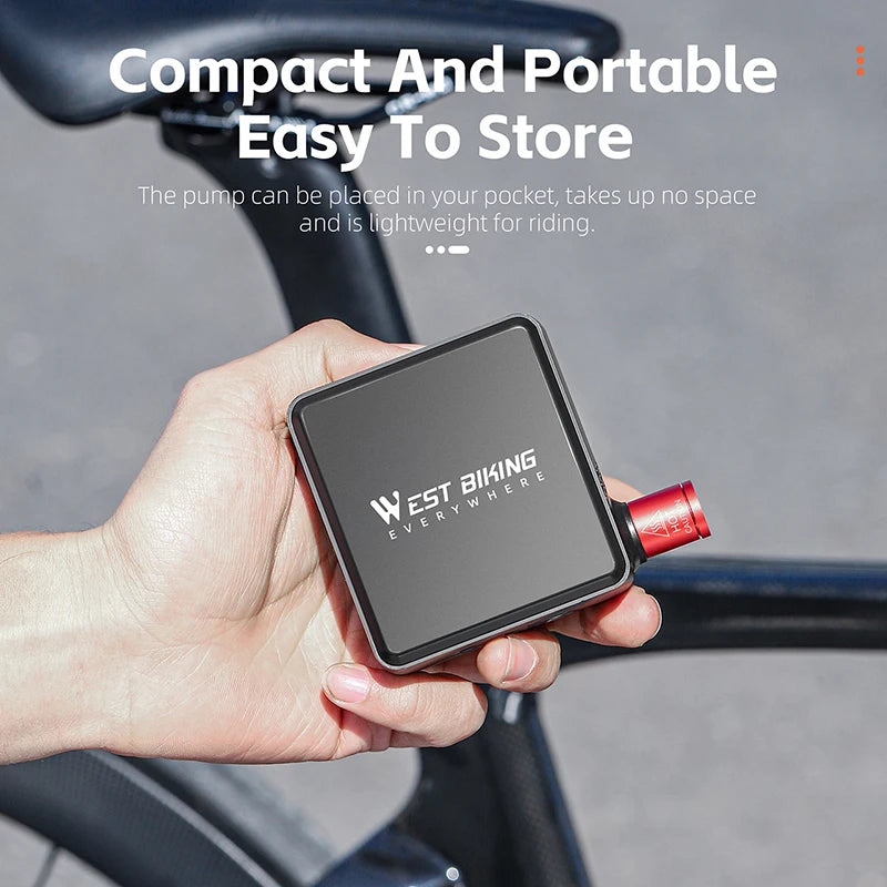 A WEST BIKING Bike Pump Portable Mini Electric Air Pump displayed with its lcd screen showing 150 psi, compatible with various valve types and Type-C charging.