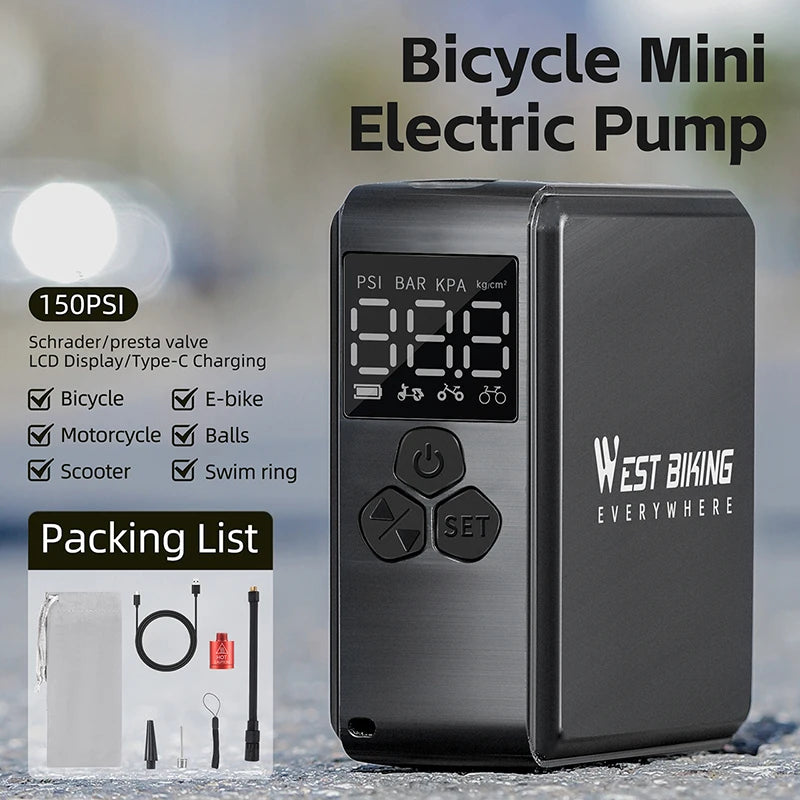 A WEST BIKING Bike Pump Portable Mini Electric Air Pump displayed with its lcd screen showing 150 psi, compatible with various valve types and Type-C charging.