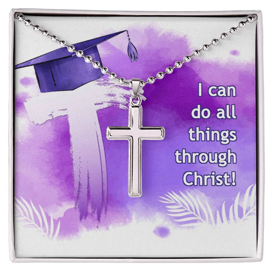A "I can do all things through Christ - Cross Necklace with Ball Chain" presented in a box with a religious message and graduation imagery by ShineOn Fulfillment.