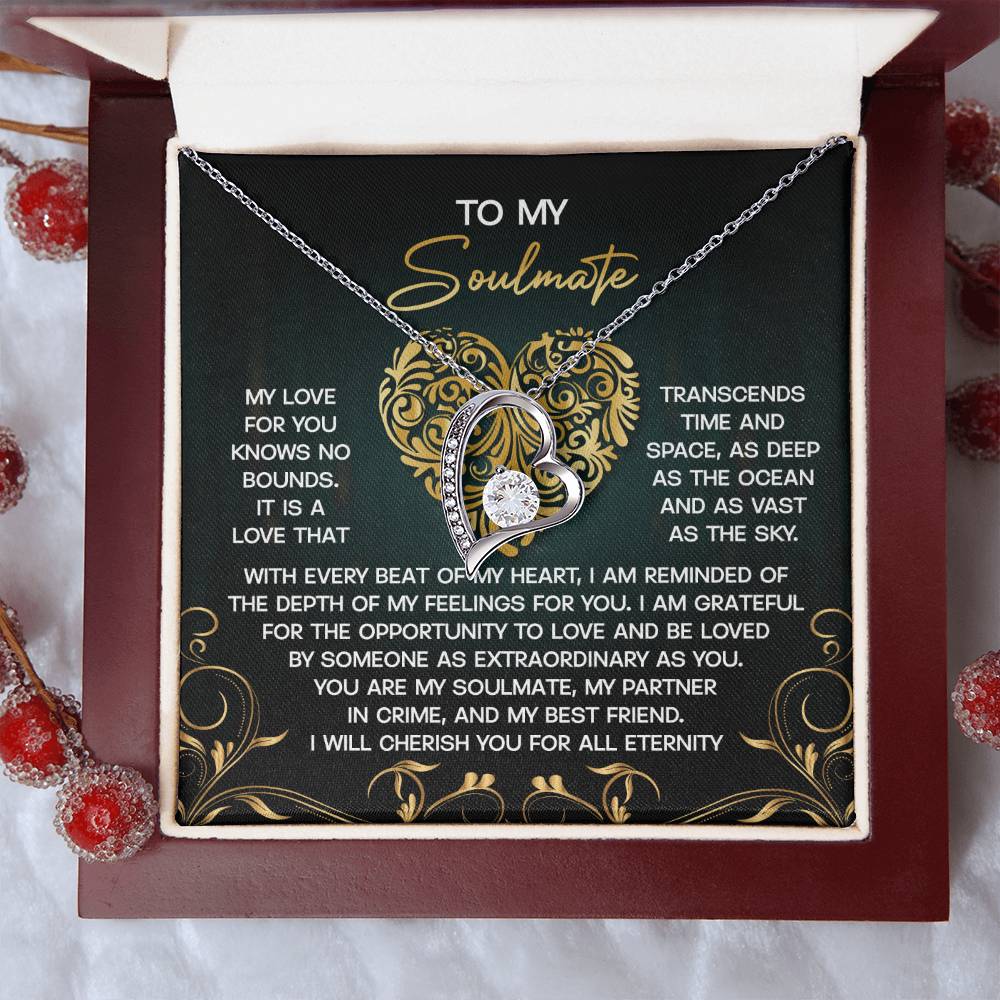 The Soulmate-The Sky - Forever Love Necklace features a heart-shaped pendant with a stunning CZ crystal and luxurious gold finish, elegantly presented in a gift box with a heartfelt message inside.