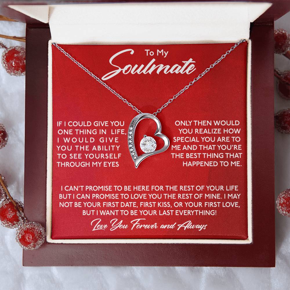 To my Soulmate, You Are Special To Me - Forever Love Necklace by ShineOn Fulfillment, with heart-shaped pendant embellished with cubic zirconia and a loving note presented in a red and white gift box.
