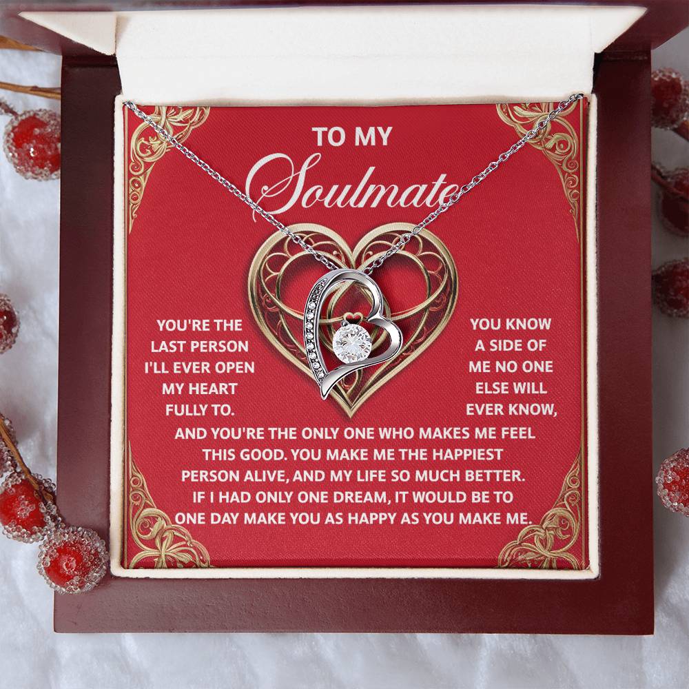 The "Soulmate-The Only One - Forever Love Necklace" features a heart-shaped pendant with a dazzling CZ crystal, presented in a box with a card that says "To My Soulmate" and a romantic message in white on red. It's the perfect symbol of eternal affection.