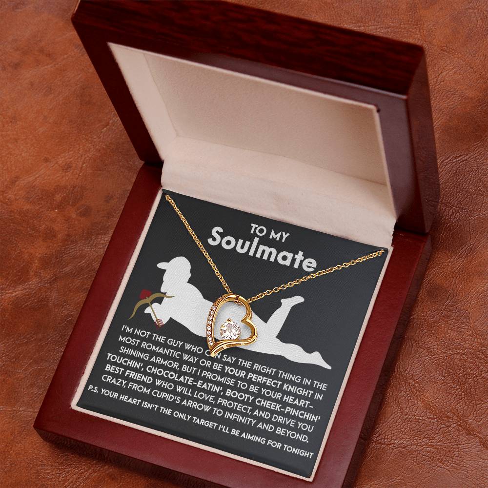 The Soulmate-Cupid’s Arrow - Forever Love Necklace features a heart-shaped gold pendant with a key design, adorned by a CZ crystal on its white gold finish. Elegantly presented in a wooden box, "To My Soulmate" is inscribed above romantic text on the brown leather interior.