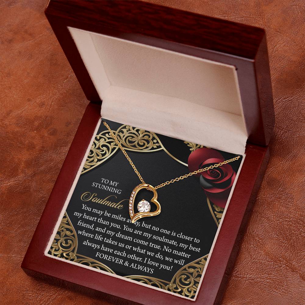 The Soulmate-Have Each Other - Forever Love Necklace, with a cubic zirconia stone and gold finish, comes elegantly in a wooden box with a heartfelt love and devotion message card inside.