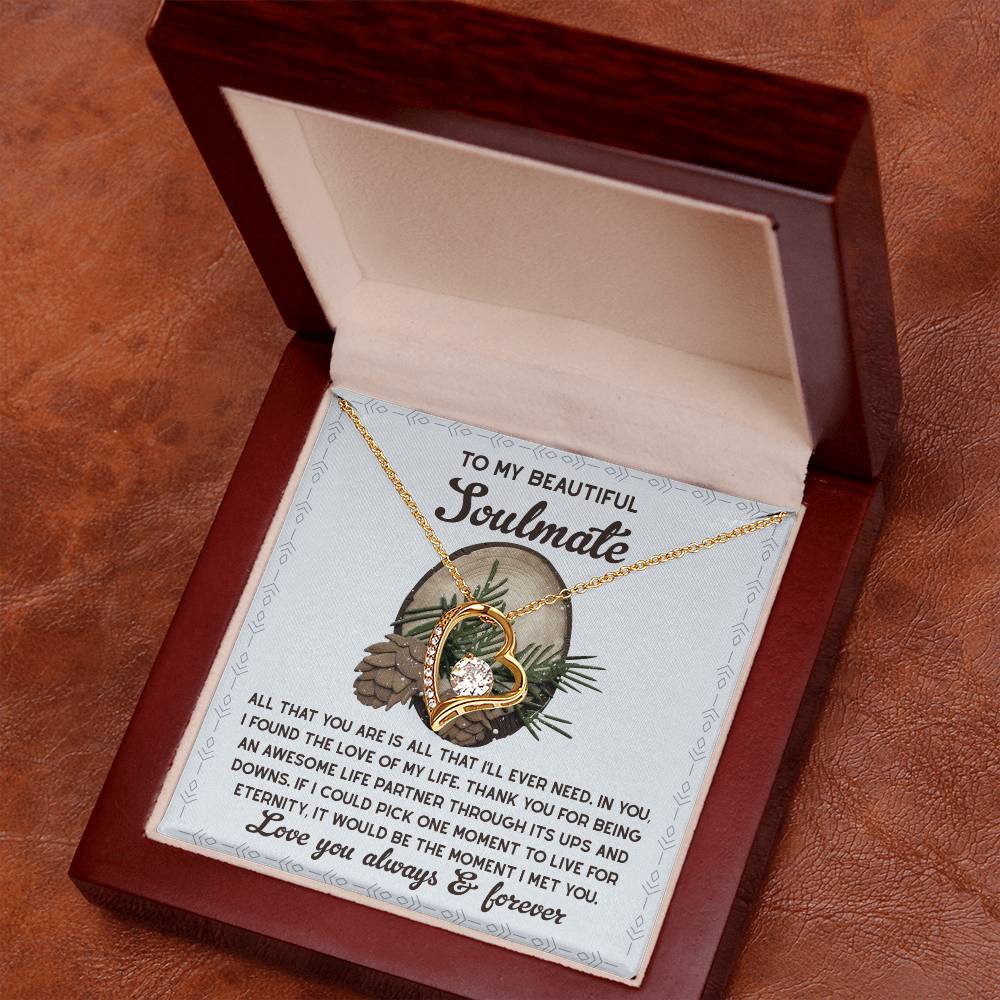 The Soulmate-One Moment - Forever Love Necklace, featuring a heart-shaped design with a central cubic zirconia stone, is elegantly presented in an open wooden box. The inner lid bears text dedicated to a "soulmate," adding meaningful elegance to the necklace's white gold finish.