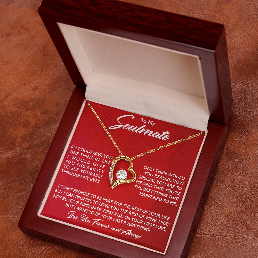 A To My Soulmate, You Are Special To Me - Forever Love Necklace from ShineOn Fulfillment with a gold finish and a heart-shaped pendant, adorned with cubic zirconia, inside a gift box with a romantic message for a soulmate.