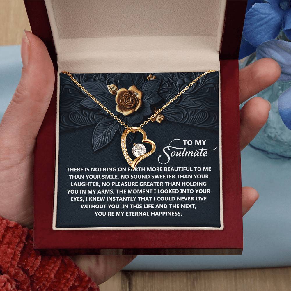 Open the box to reveal the Soulmate-Eternal Happiness - Forever Love Necklace, featuring a gold heart with CZ crystals and a rose. The lid has a heartfelt message for "My Soulmate," making this white gold finish piece unique.