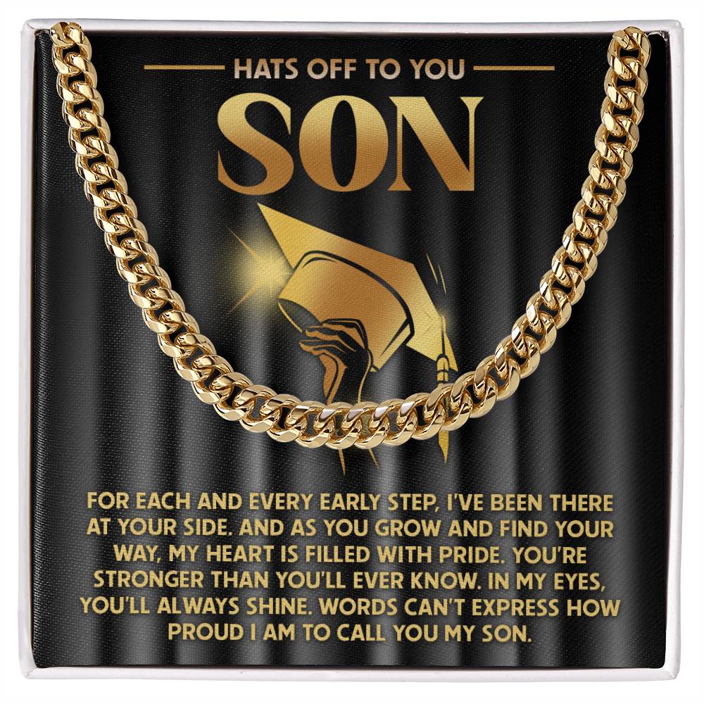 A black and gold plaque with a graduation cap graphic features an inspirational message to a son, bordered by the 14K To Son, You'll Always Shine - Cuban Link Chain.