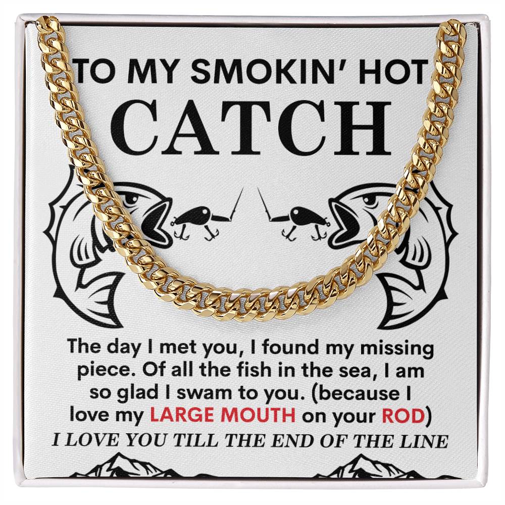 The Man-On Your Rod - Cuban Link Chain: A square decorative plaque featuring a fishing theme and a humorous romantic message, paired with a 14K yellow gold chain.