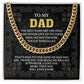 To Dad, Kind Of Dad - Cuban Link Chain on a decorative plaque with a heartfelt message to a dad, expressing gratitude and admiration, now featuring a polished stainless steel finish.