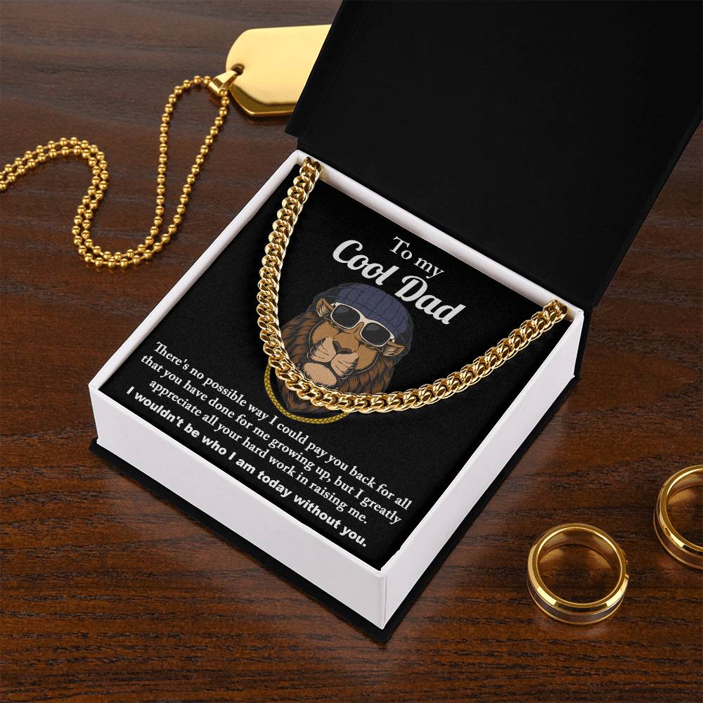 A square black bag with a To Dad, Cool Dad - Cuban Link Chain strap featuring a graphic of a lion wearing sunglasses and a heartfelt message to a father expressing gratitude and appreciation.