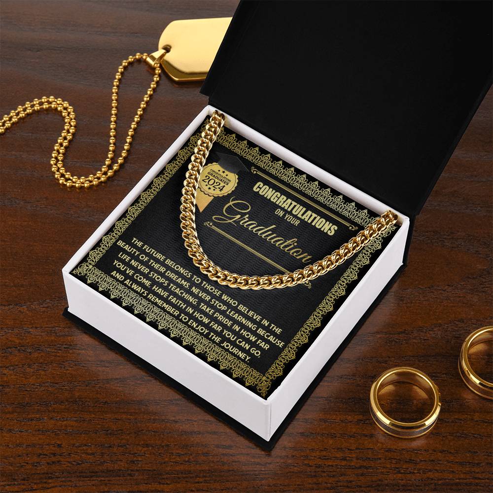 Happy Graduation, The Future - Cuban Link Chain graduation card for the class of 2024 with a Cuban Link Chain border and an inspirational message about learning and embracing the journey.