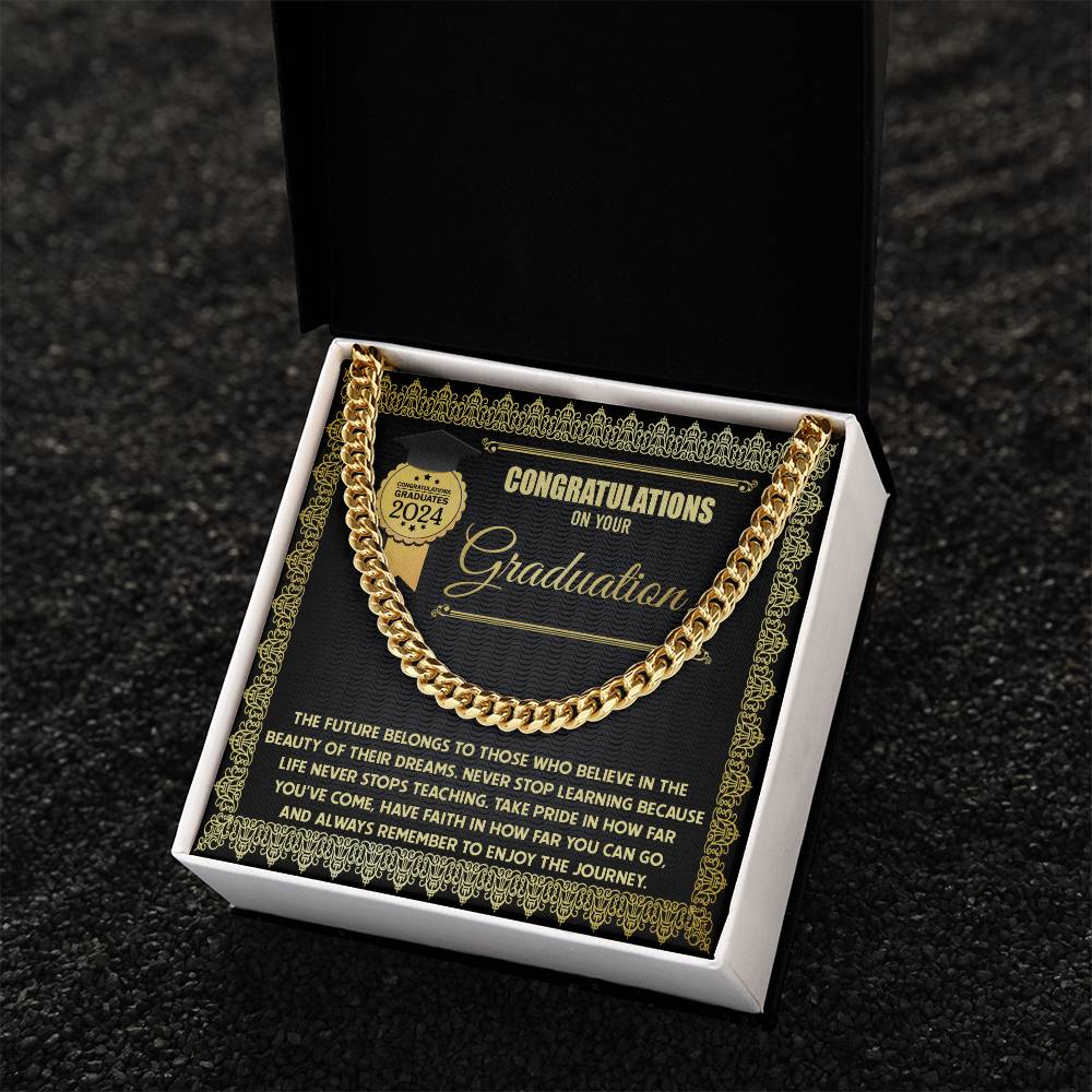 Happy Graduation, The Future - Cuban Link Chain graduation card for the class of 2024 with a Cuban Link Chain border and an inspirational message about learning and embracing the journey.