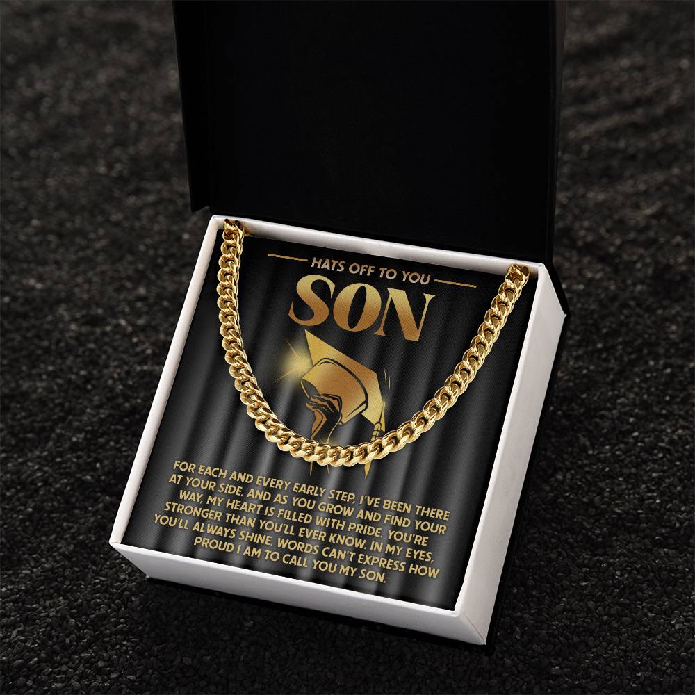 The "To Son, You'll Always Shine - Cuban Link Chain" made of 14K yellow gold comes beautifully presented in a black box. The heartfelt message, "Hats off to you, Son," makes it an ideal gift.