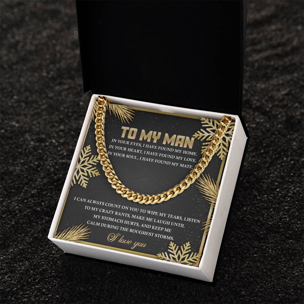 This personalized gift, the "My Man-Found My Home - Cuban Link Chain," features an elegant gold chain necklace in a charming gift box. With its adjustable length, this Cuban Link Chain beautifully conveys appreciation and affection for your loved one.