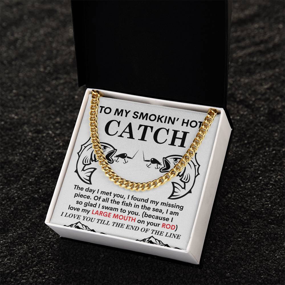 The Man-On Your Rod Cuban Link Chain is a sophisticated 14K yellow gold piece with a fishing-themed love message, presented in an elegant black box, making it the ideal gift for your beloved angler.