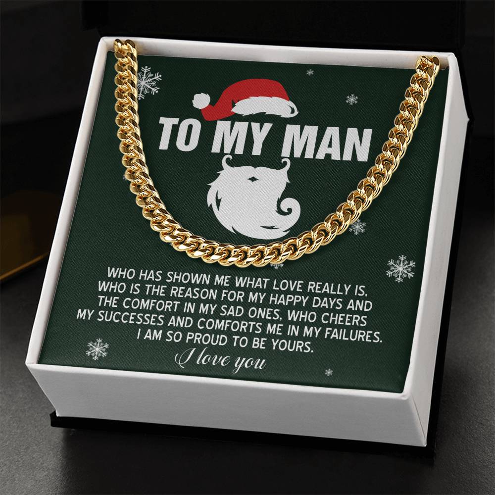 The My Man-To Be Yours - Cuban Link Chain, crafted from polished stainless steel, is elegantly presented in a gift box, accompanied by a heartfelt note and a message that reads, "To My Man.