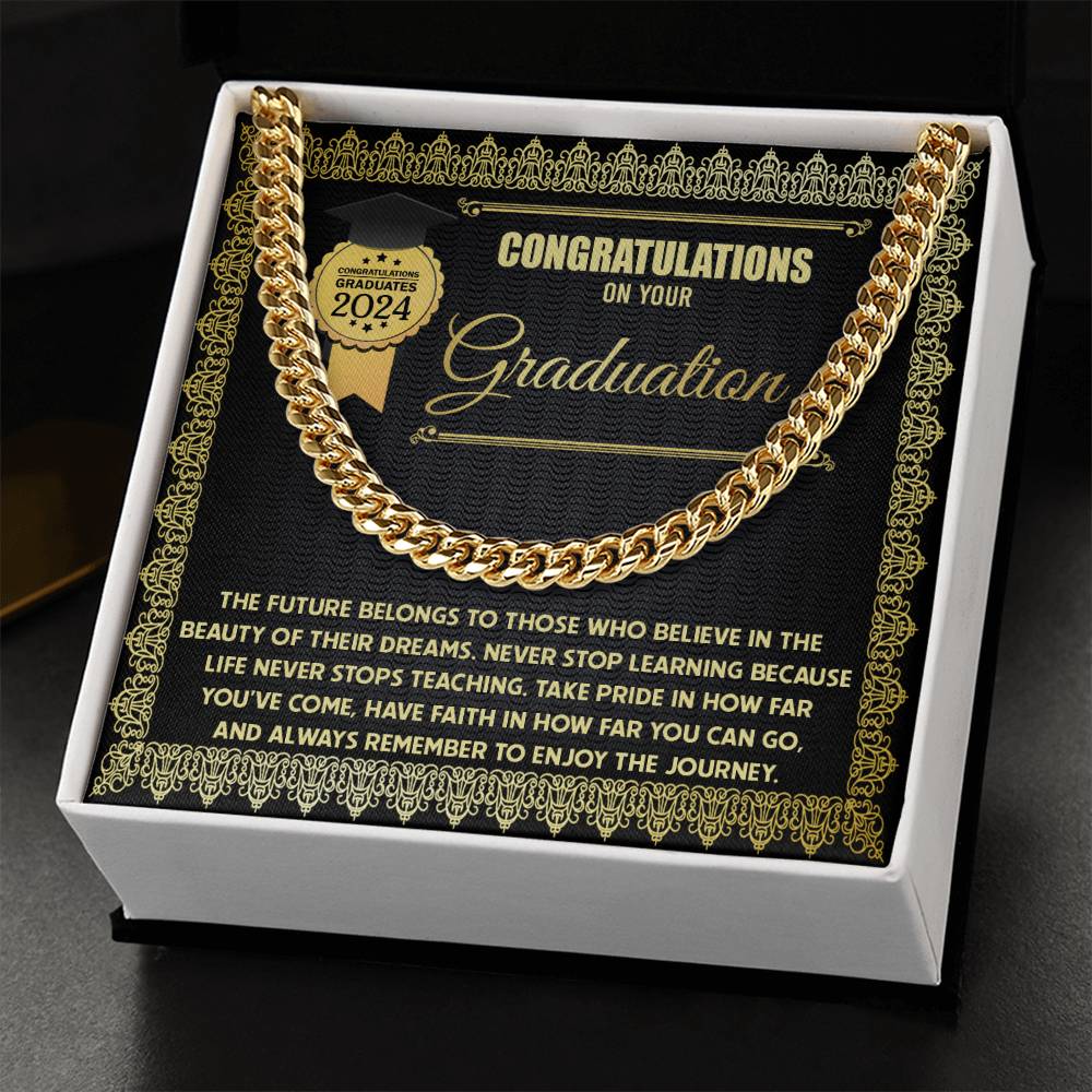 Happy Graduation, The Future - Cuban Link Chain graduation card for the class of 2024 with a Cuban Link Chain border and an inspirational message about learning and embracing the journey.