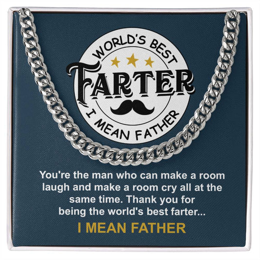 Blue faux leather wallet with a humorous silver plaque reading "To Dad, World's Best Farter - Cuban Link Chain" surrounded by a Cuban Link Chain design.