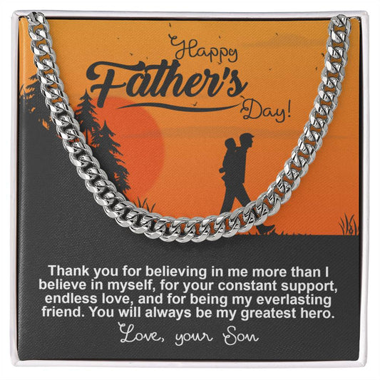Father's day card with a To Dad, My Greatest Hero - Cuban Link Chain on a sunset background featuring silhouettes of a father and son, with a heartfelt message from a son to his father.
