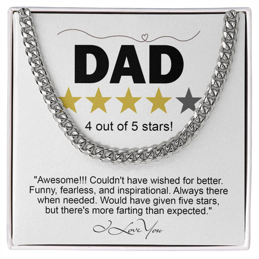 Square pendant with "dad 4 out of 5 stars" rating, humorous review, and a To Dad, Five Stars - Cuban Link Chain on a gray background.