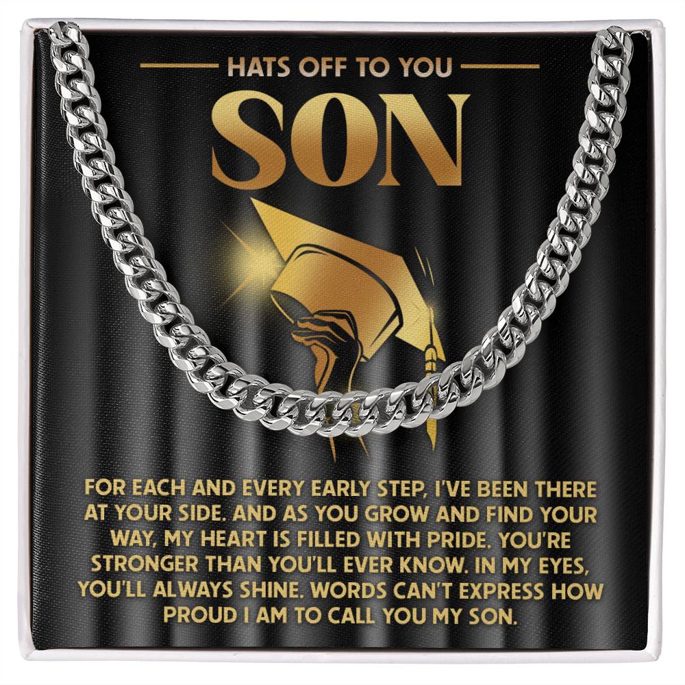 To Son, You'll Always Shine - Cuban Link Chain with a graphic of a graduation cap and text celebrating a son's achievements and expressing parental pride.