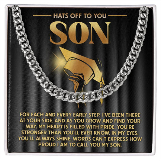 To Son, You'll Always Shine - Cuban Link Chain with a graphic of a graduation cap and text celebrating a son's achievements and expressing parental pride.