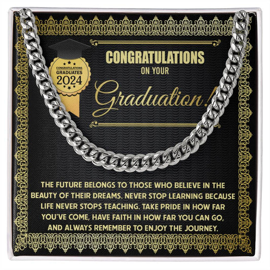 Happy Graduation, The Future - Cuban Link Chain graduation card for the class of 2024 with a Cuban Link Chain border and an inspirational message about learning and embracing the journey.