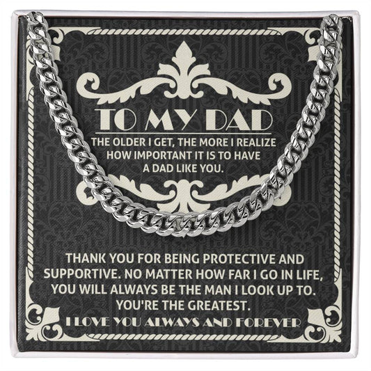 To Dad, Dad Like You - Cuban Link Chain necklace on a decorative card with a heartfelt message expressing appreciation and love.