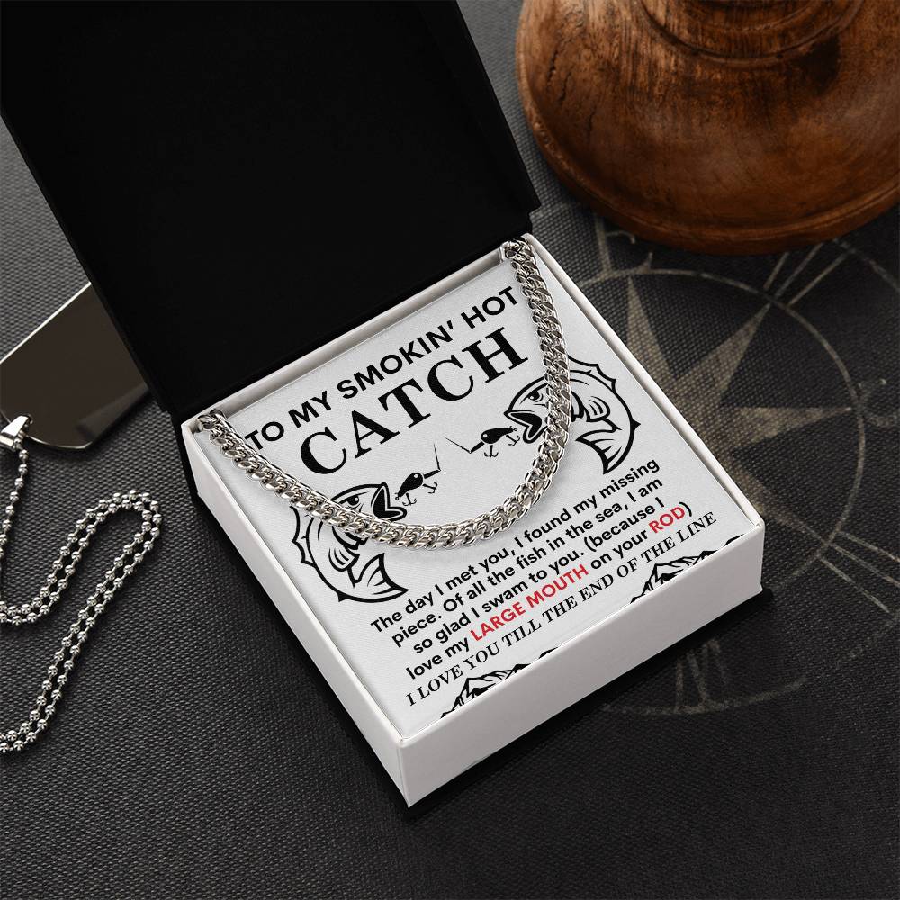 The silver necklace elegantly rests in an open black box, paired with a romantic card for your partner. This timeless piece complements styles like the 14K yellow gold or The Man-On Your Rod - Cuban Link Chain, perfect for any romantic occasion.