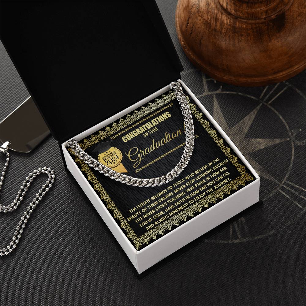 Happy Graduation, The Future - Cuban Link Chain graduation card for the class of 2024 with a Cuban Link Chain border and an inspirational message about learning and embracing the journey.