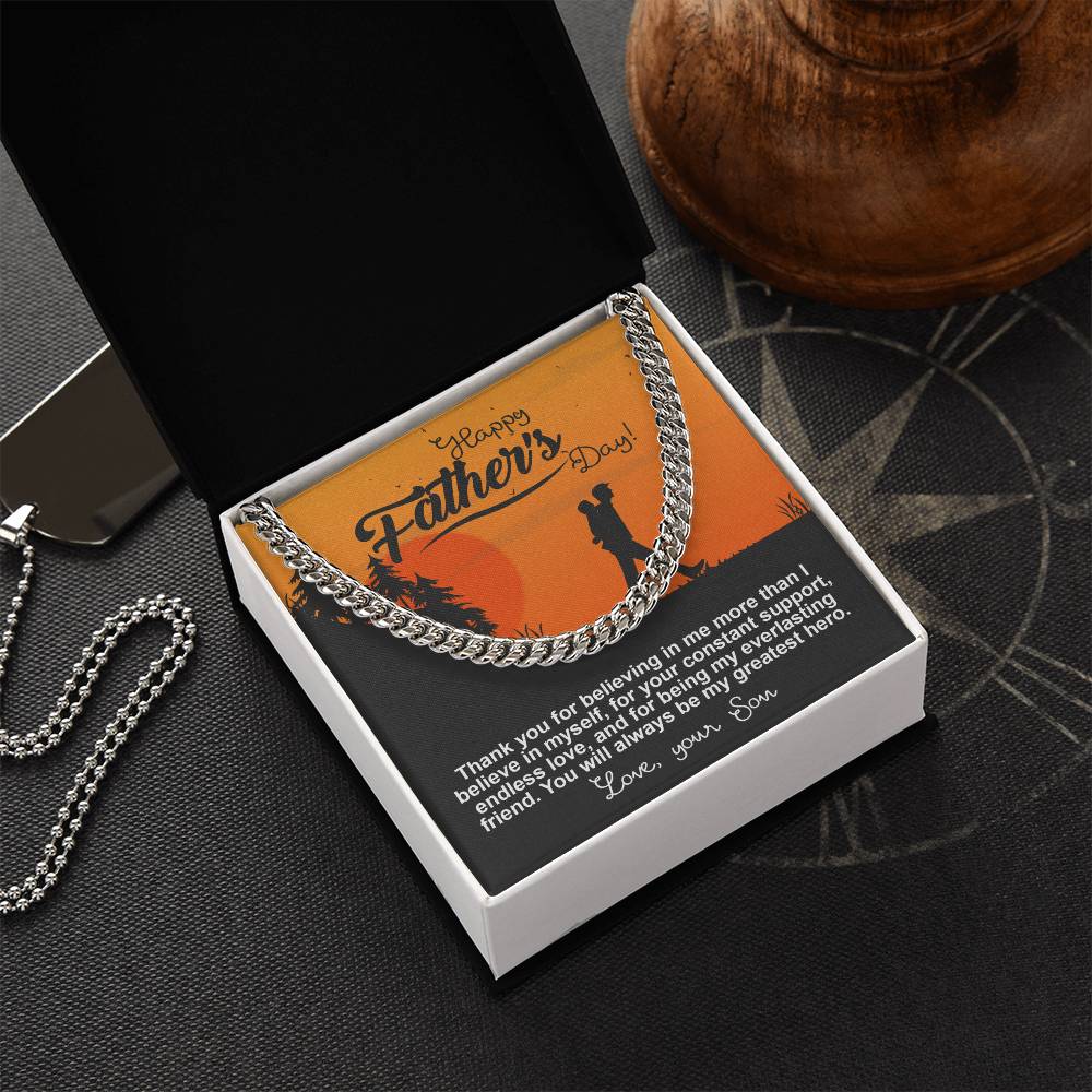 Father's day card with a To Dad, My Greatest Hero - Cuban Link Chain on a sunset background featuring silhouettes of a father and son, with a heartfelt message from a son to his father.