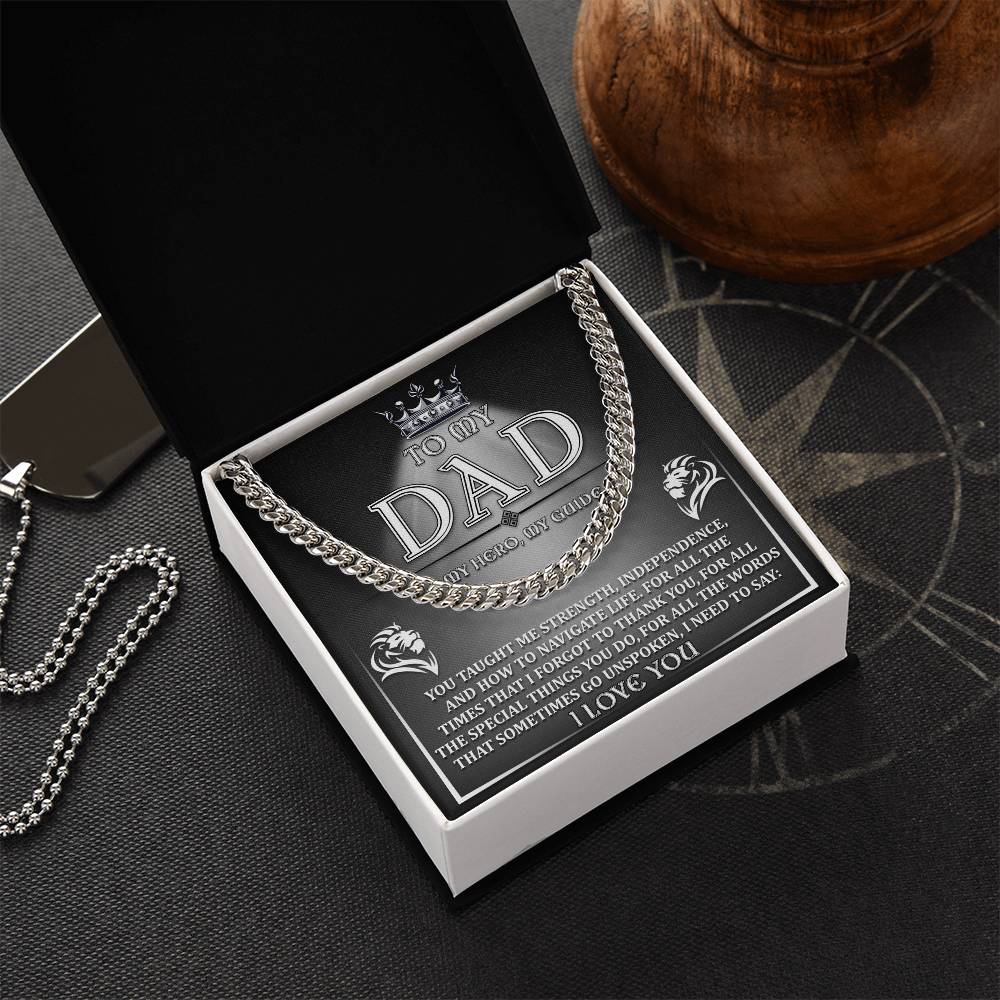 A square plaque with a message for a father, featuring the words "to my dad, my hero, my guide" surrounded by two lion heads and the To Dad, Need To Say - Cuban Link Chain border.