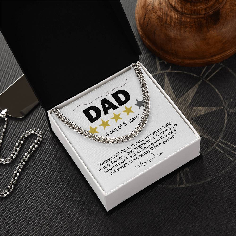 Square pendant with "dad 4 out of 5 stars" rating, humorous review, and a To Dad, Five Stars - Cuban Link Chain on a gray background.
