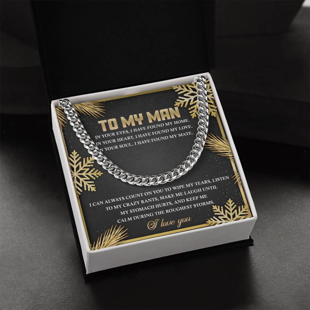 The open gift box reveals the "My Man-Found My Home - Cuban Link Chain" necklace, accompanied by a message card titled "To My Man" and enhanced with elegant gold leaf designs.