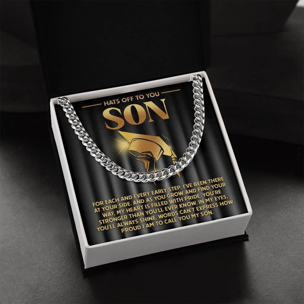 Presented on a black and gold card with "SON" and a heartfelt message, the personalized To Son, You'll Always Shine - Cuban Link Chain features a silver chain in a sleek black box. Add the 14K yellow gold Cuban Link Chain for extra elegance.