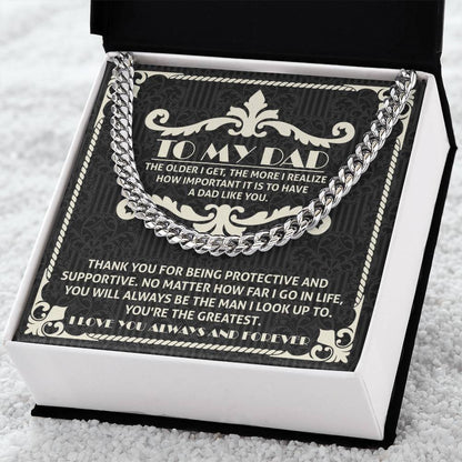To Dad, Dad Like You - Cuban Link Chain necklace on a decorative card with a heartfelt message expressing appreciation and love.