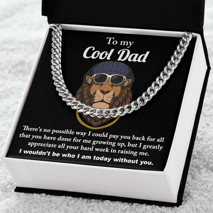 A square black bag with a To Dad, Cool Dad - Cuban Link Chain strap featuring a graphic of a lion wearing sunglasses and a heartfelt message to a father expressing gratitude and appreciation.